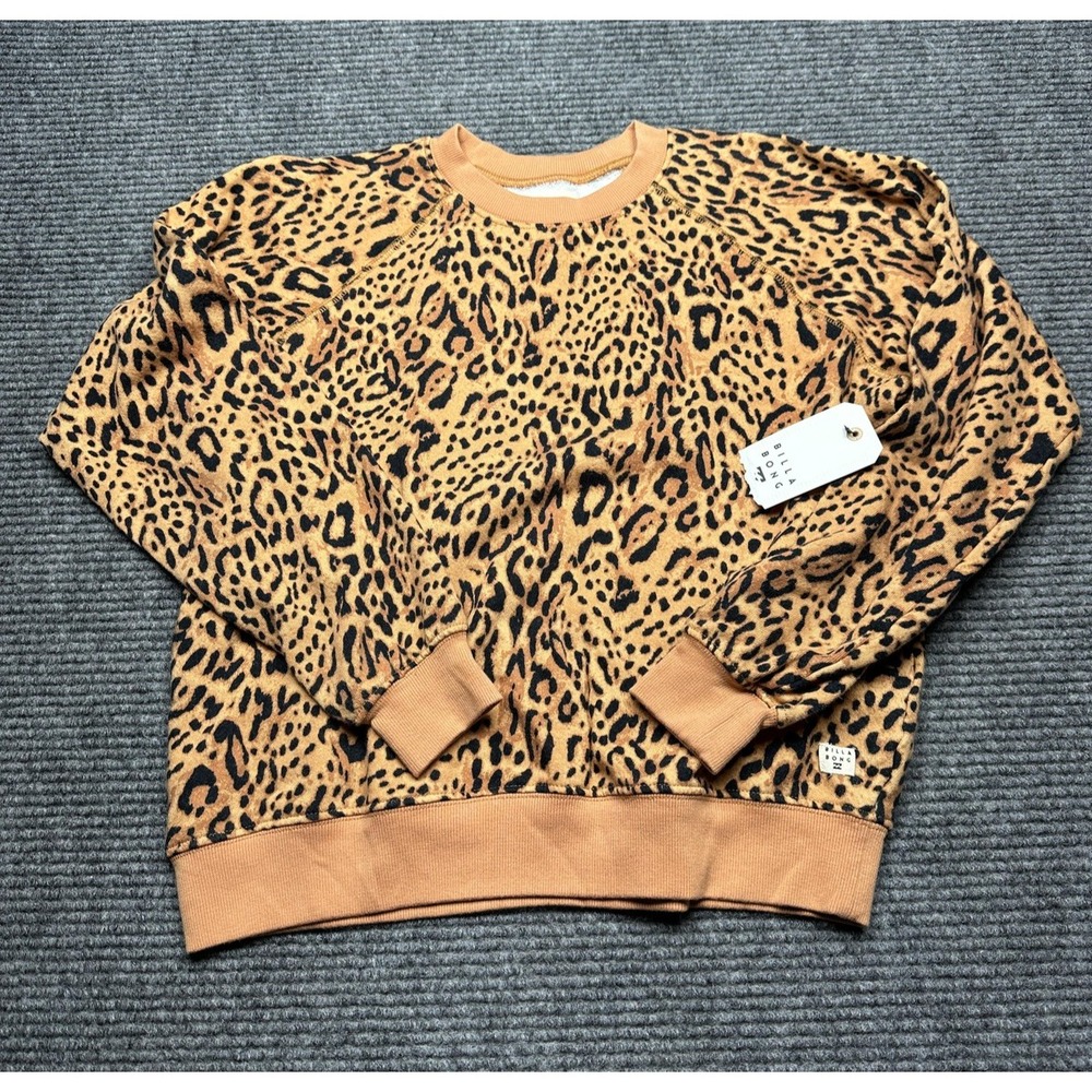 Billabong Sweatshirt Womens Medium Leopard Print Tan Crewneck‎ Pullover Raglan
